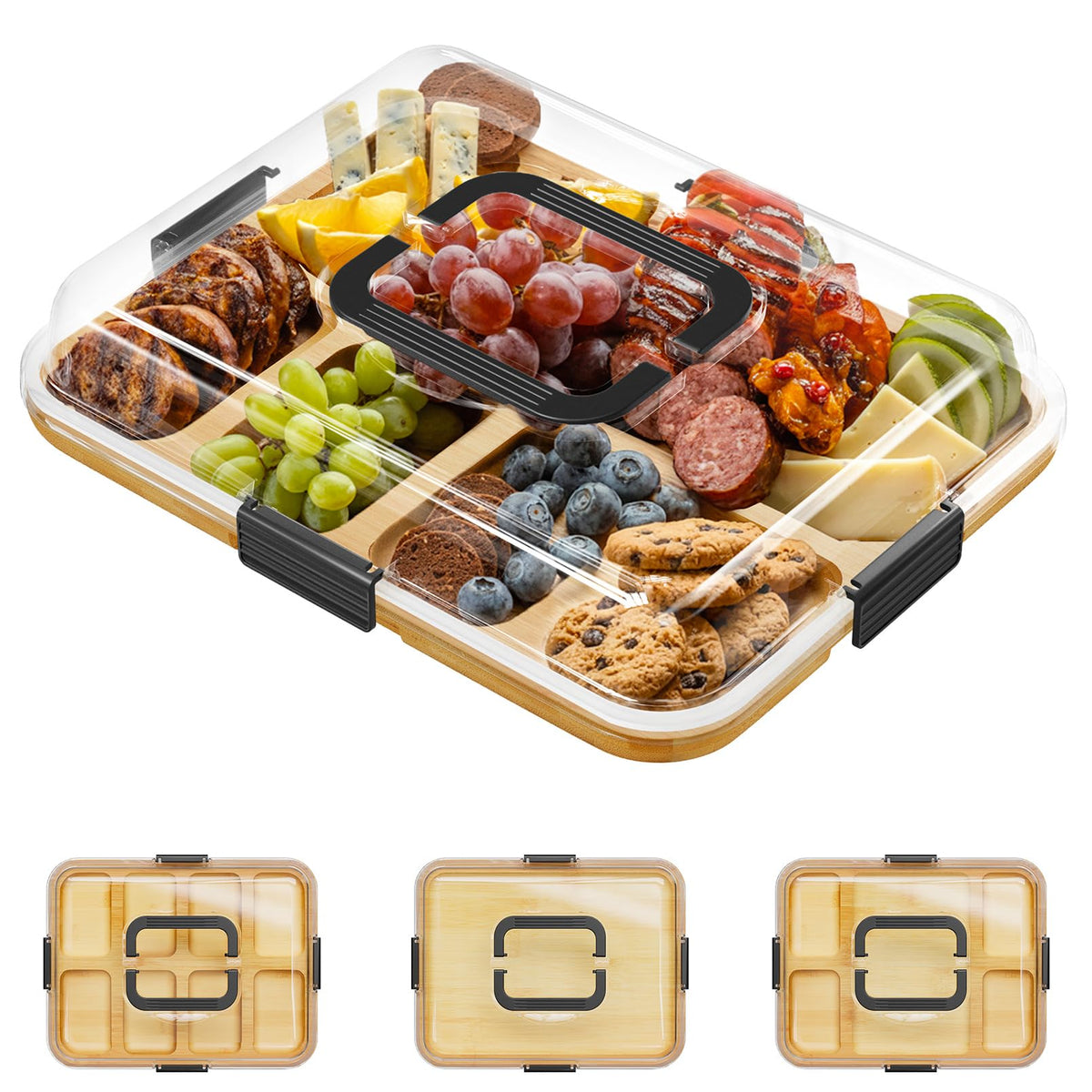 SpaceAid charcuterie board with clear lid for easy viewing of snacks during travel