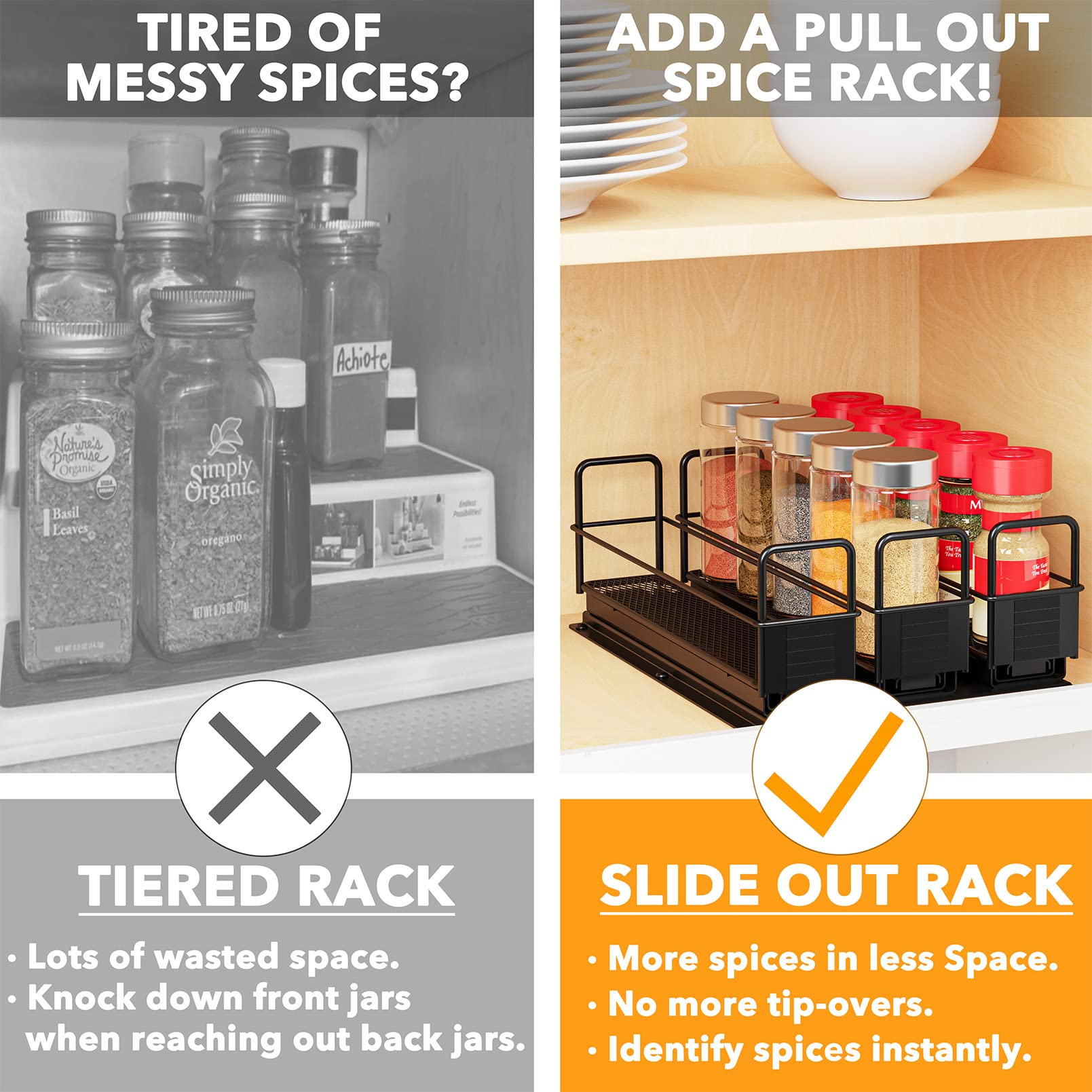 SpaceAid durable steel construction supports heavy spice jars in a cabinet.