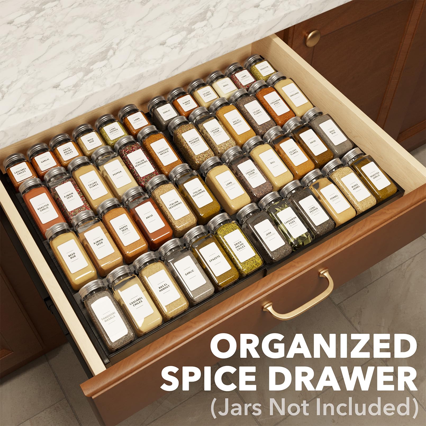 SpaceAid expandable 4-tier spice rack demonstrates adjustable width for varying drawers.