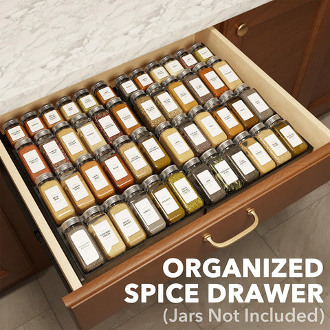 SpaceAid expandable 4-tier spice rack demonstrates adjustable width for varying drawers.