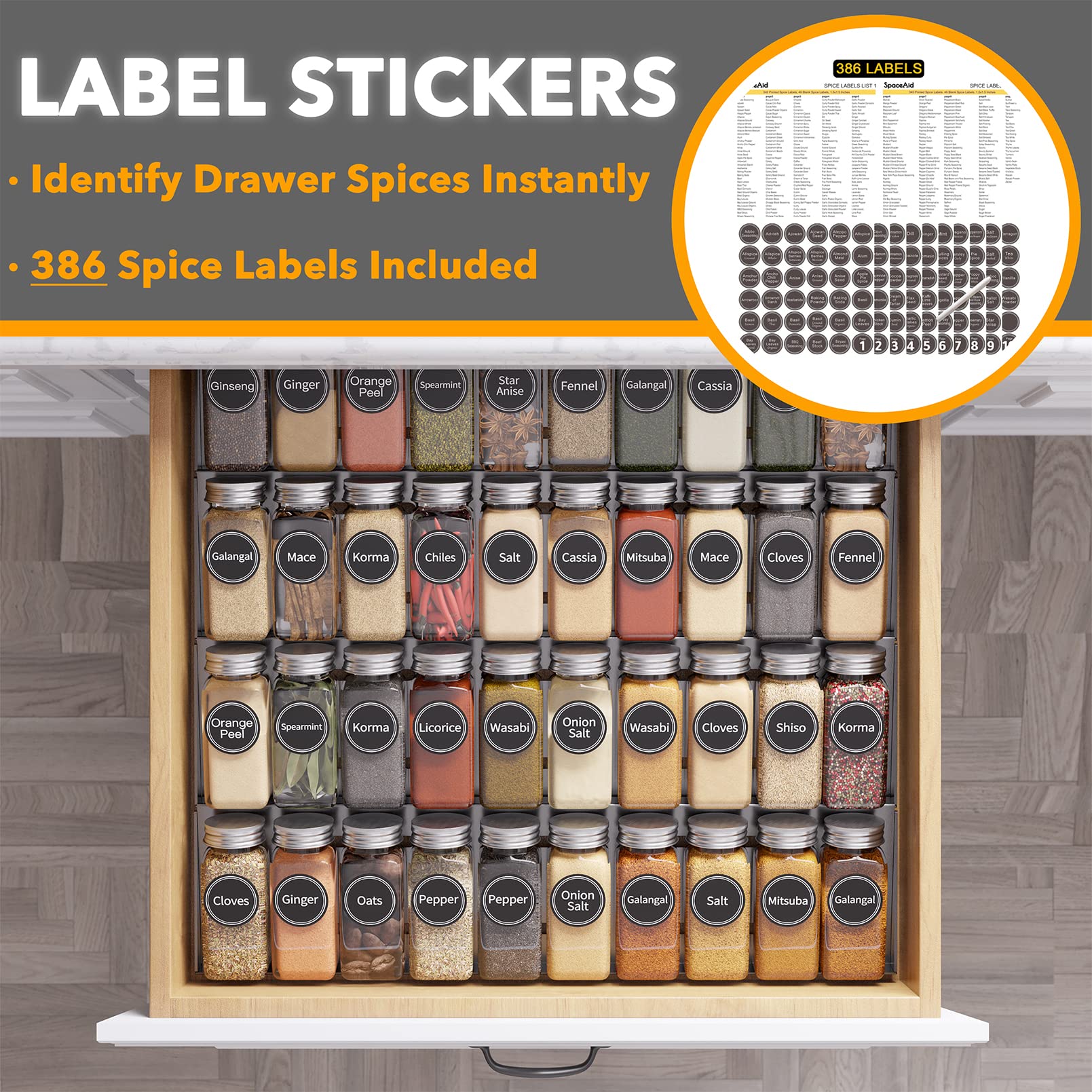 SpaceAid four-tier spice rack tray keeps spices visible and within reach.