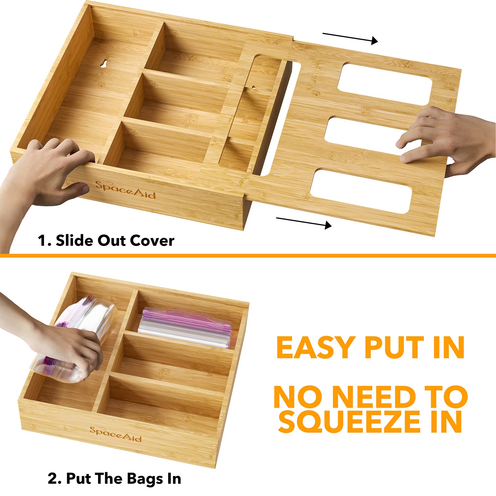 SpaceAid fully assembled bamboo storage box ready for immediate use in drawers.