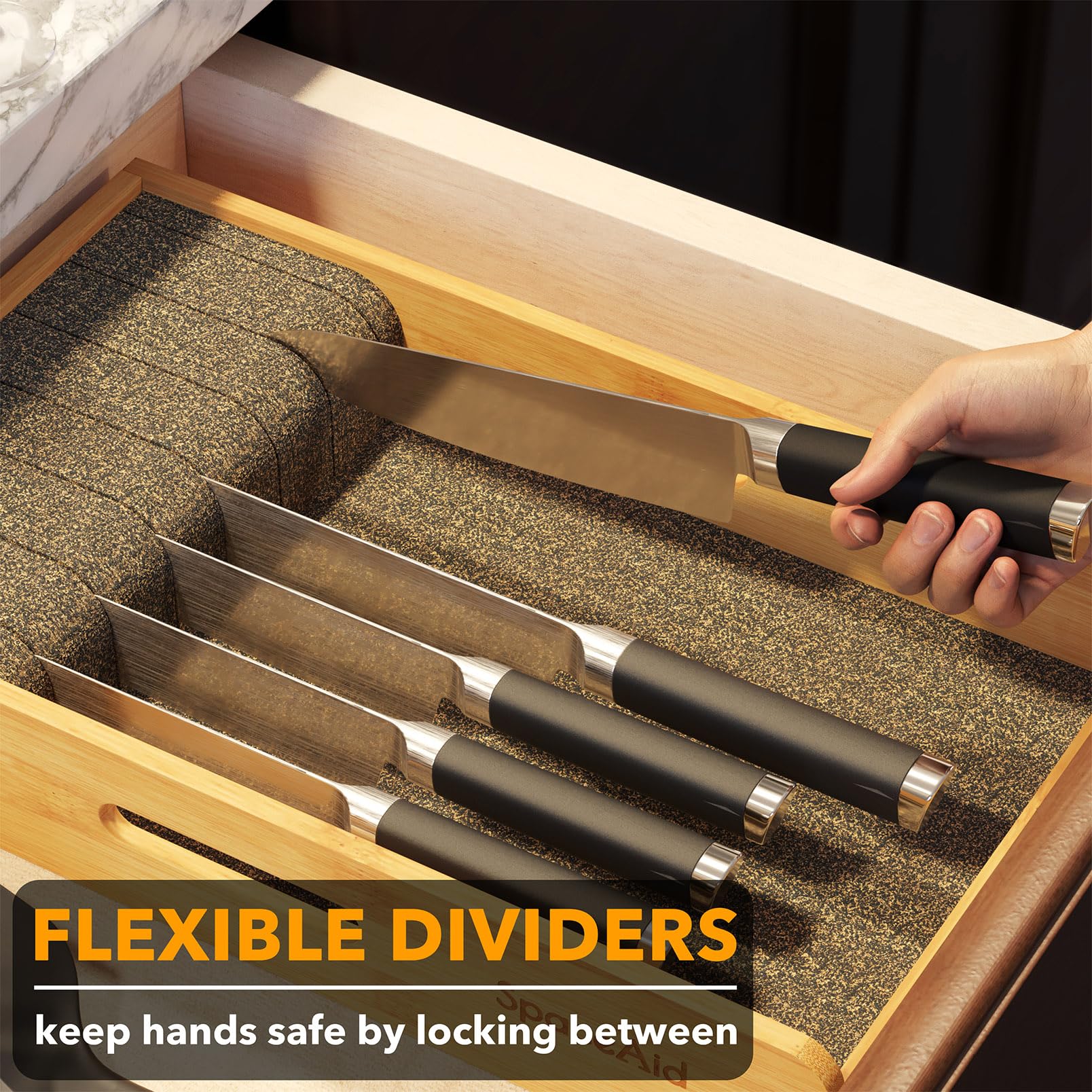 SpaceAid in-drawer knives organization view with knives neatly arranged for quick access.
