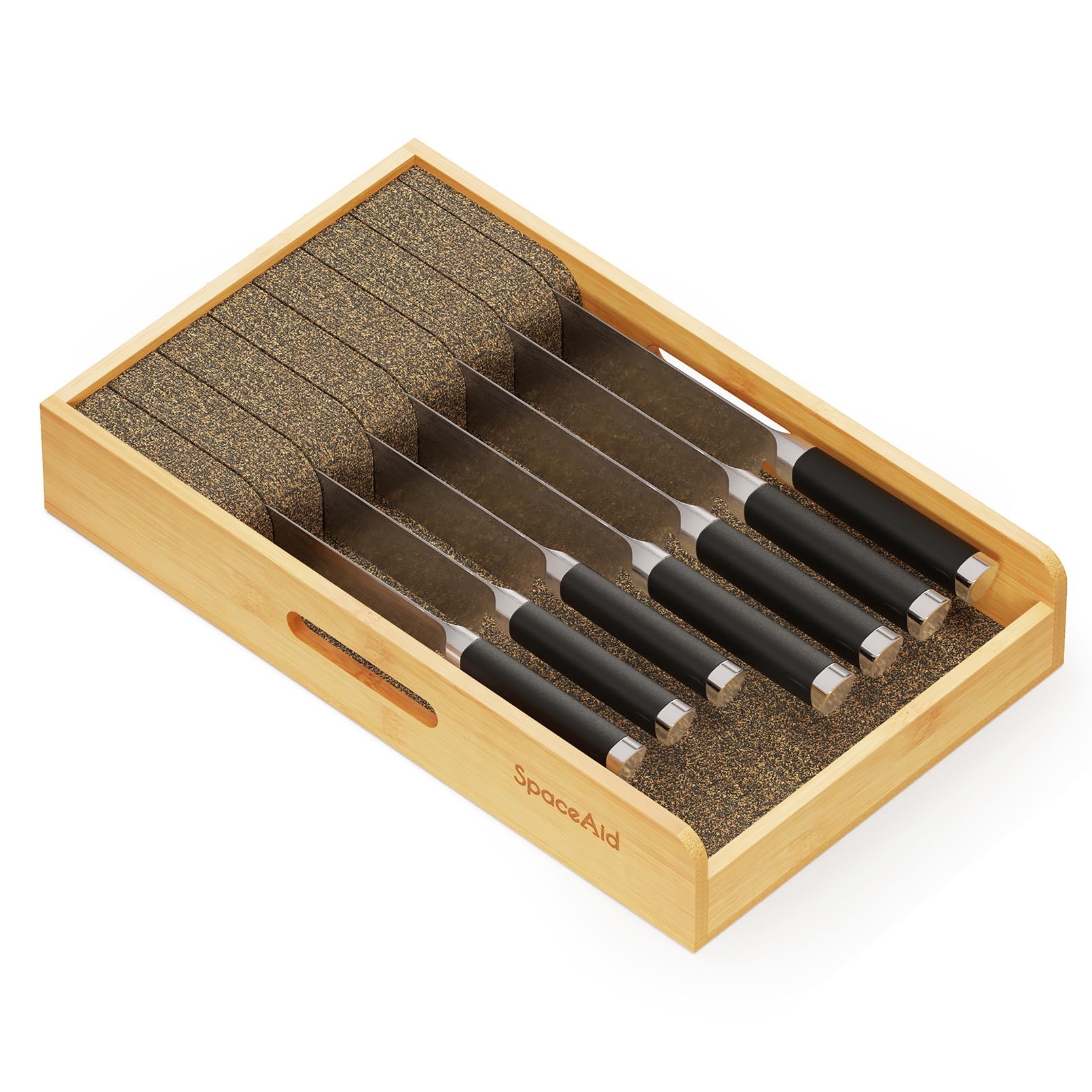 SpaceAid knife-drawer-organizer bamboo close-up showing durable material and snug knife storage.