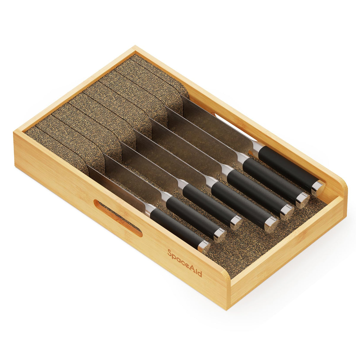 SpaceAid knife-drawer-organizer bamboo close-up showing durable material and snug knife storage.