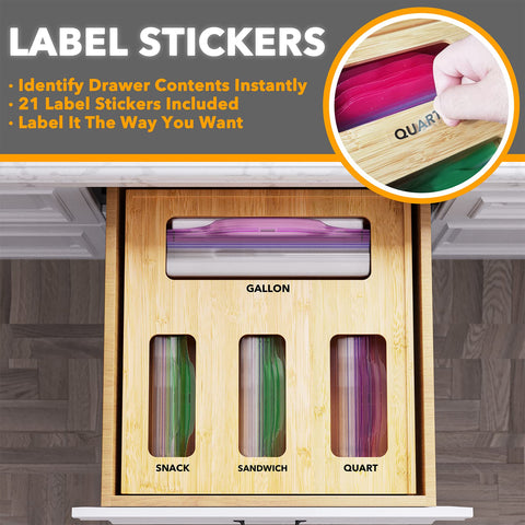 SpaceAid bamboo box includes 21 label stickers for clear contents labeling.