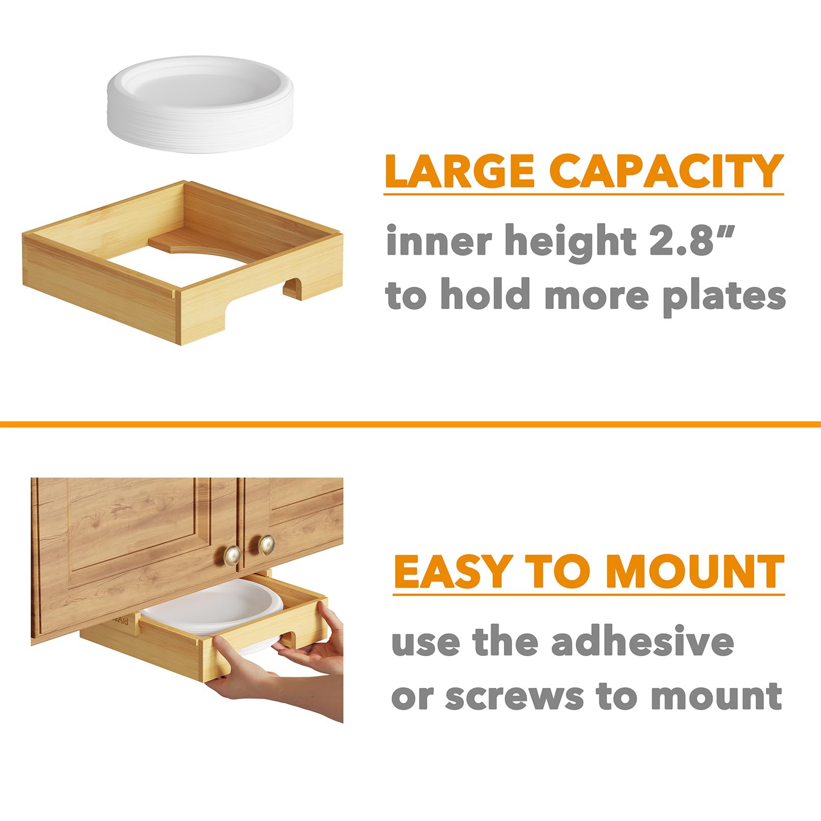 SpaceAid large-capacity storage fits multiple 10-inch plates for gatherings.