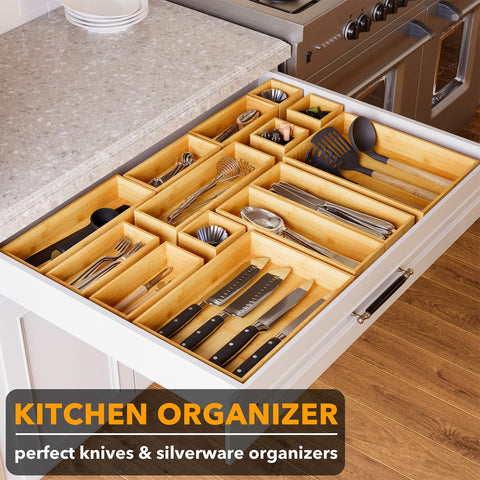 SpaceAid medium bamboo drawer boxes hold longer items like flatware for easy access.