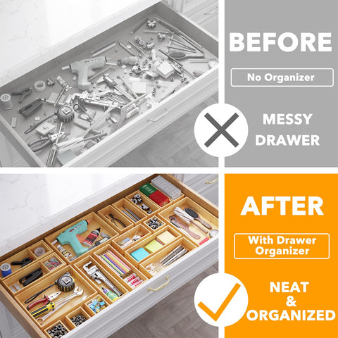 SpaceAid mini bamboo drawer boxes in a desk drawer improve small-item visibility.