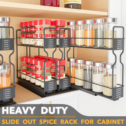 SpaceAid pull-out spice rack drawer open showing easy spice access