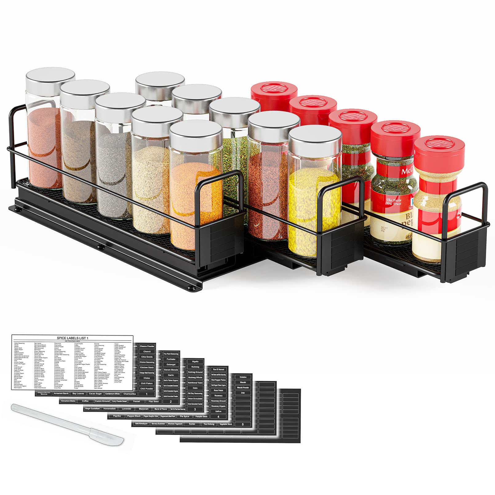 SpaceAid pull-out spice rack front view with labeled jars for quick recipe prep.