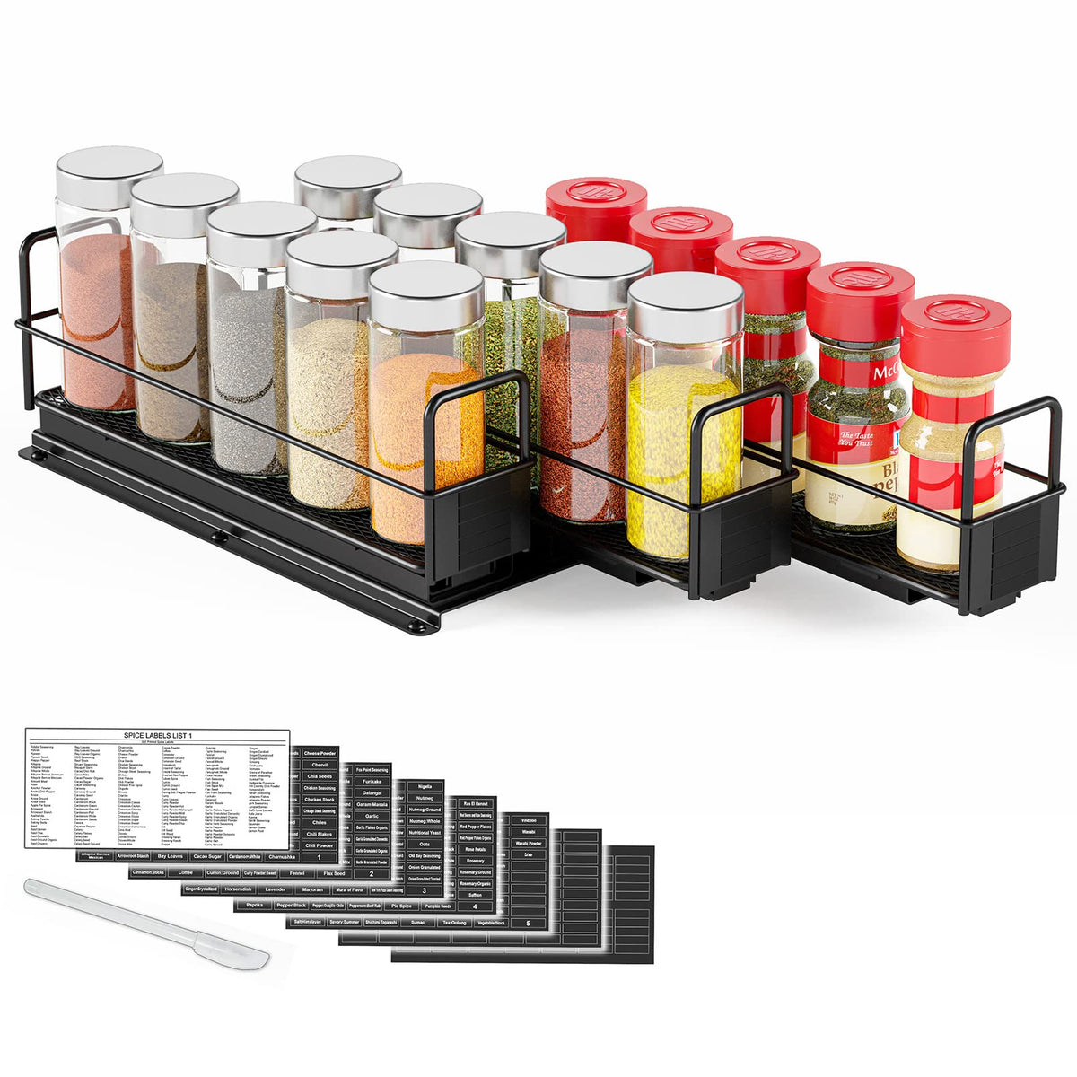 SpaceAid pull-out spice rack front view with labeled jars for quick recipe prep.