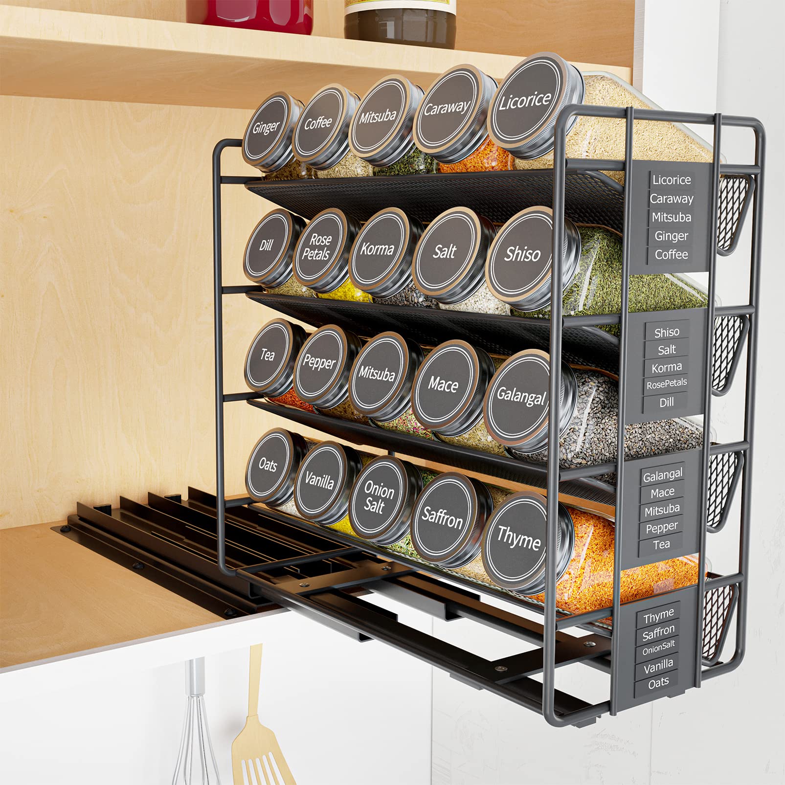 SpaceAid pull-out spice rack left-front view with labeled jars for quick seasoning.