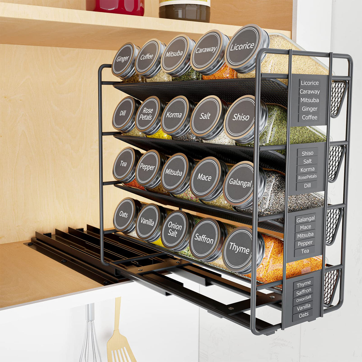 SpaceAid pull-out spice rack left-front view with labeled jars for quick seasoning.