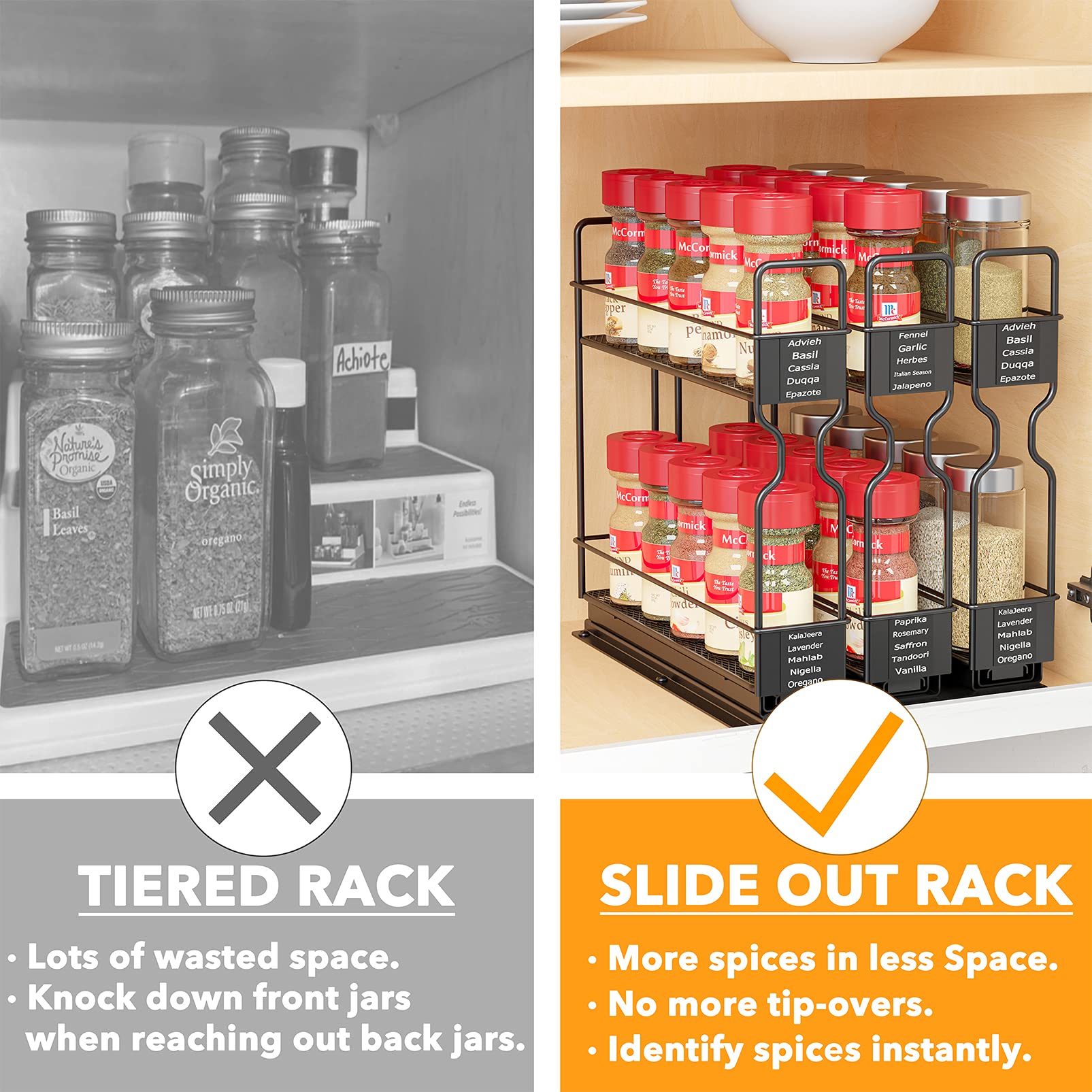 SpaceAid pull-out spice rack side profile highlights slim cabinet footprint