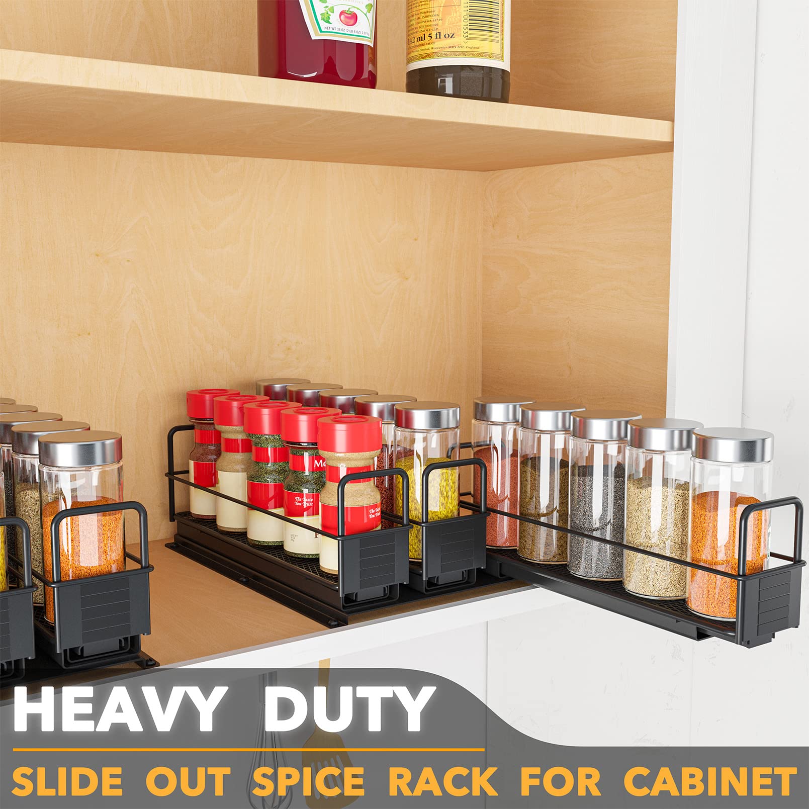 SpaceAid slide-out spice rack demonstrates smooth full-extension glide in use.