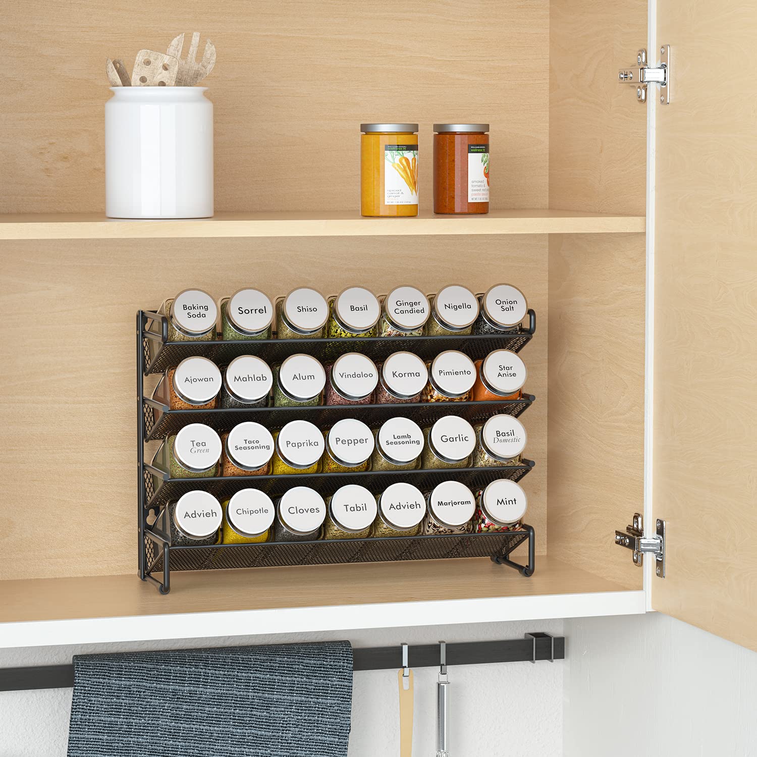 SpaceAid 28 glass spice jars with sift and pour lids for precise measurement.