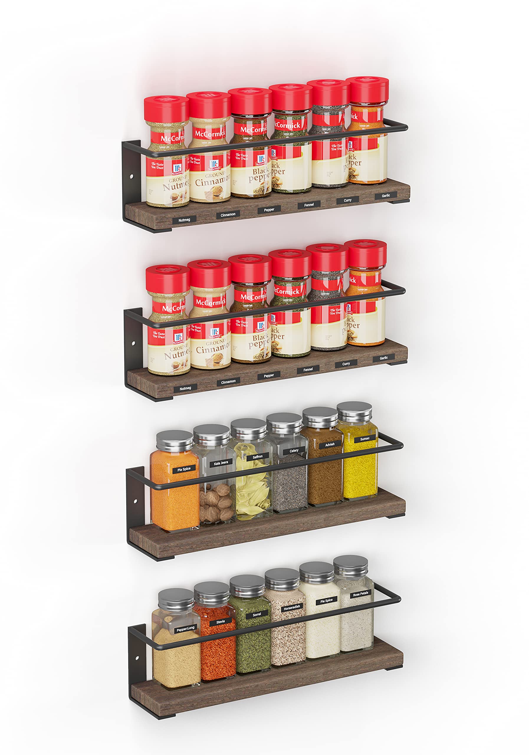 SpaceAid spice rack 4-pack mounted on a cabinet door for space efficiency.