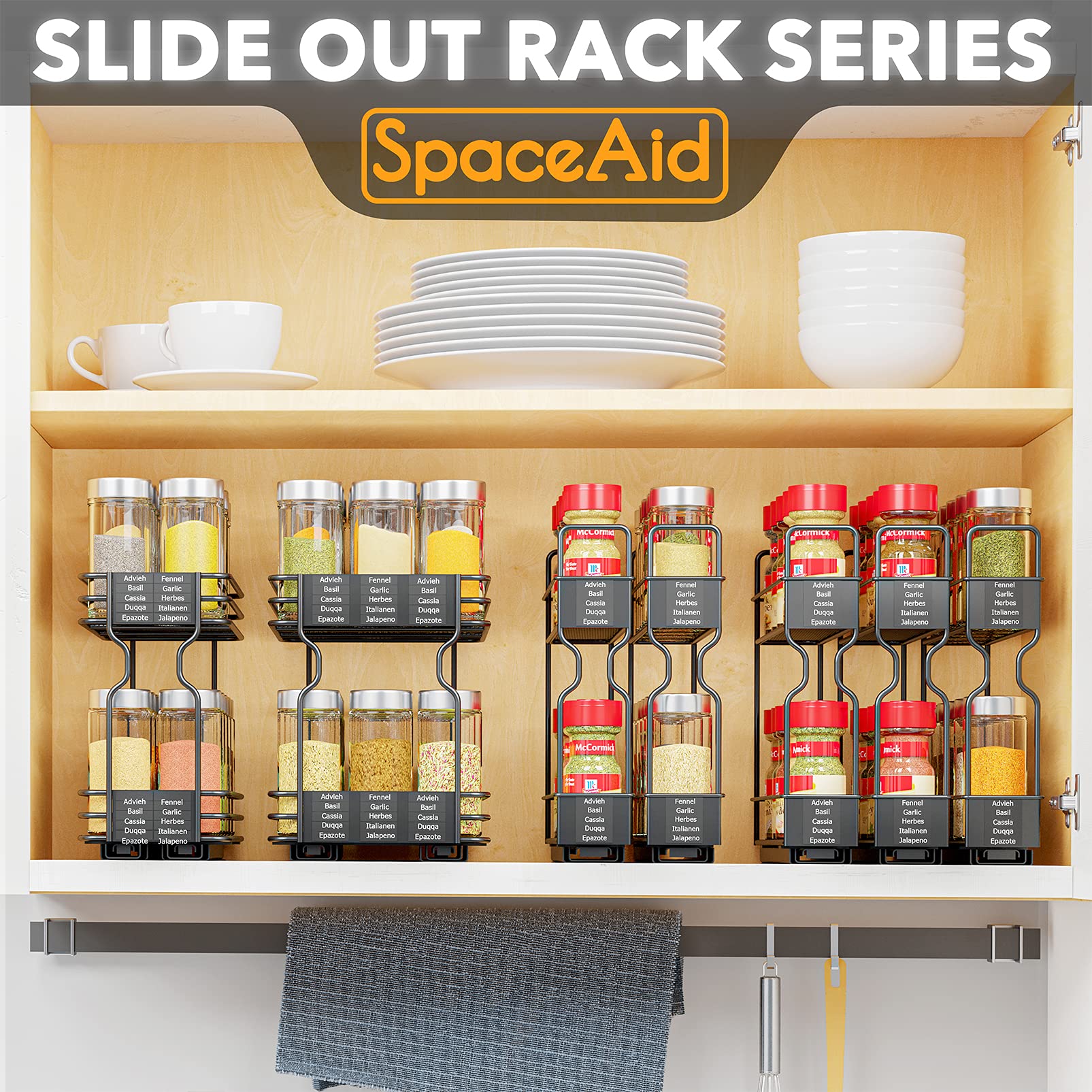 SpaceAid spice rack drawer contents close-up shows organized jars and labels
