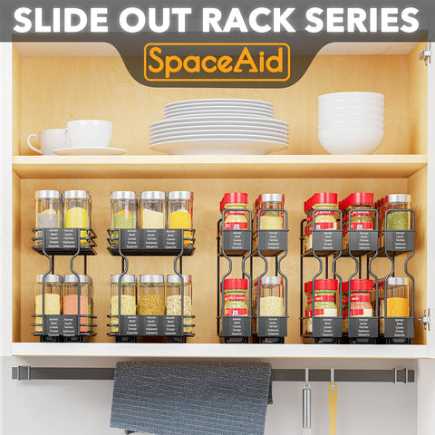 SpaceAid spice rack drawer contents close-up shows organized jars and labels