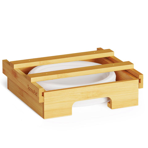 SpaceAid bamboo under-cabinet plate dispenser keeps plates tidy and accessible.