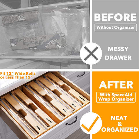 SpaceAid WrapNeat 3-slot dispenser keeps wraps neatly organized and easy to grab.