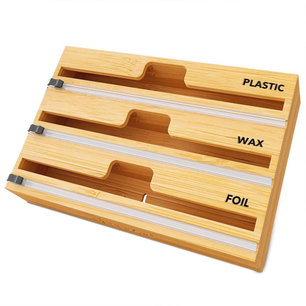 SpaceAid WrapNeat bamboo wrap organizer in a drawer for easy access.
