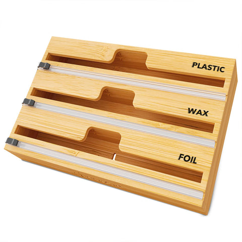 SpaceAid WrapNeat bamboo wrap organizer in a drawer for easy access.