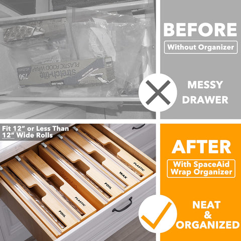 SpaceAid WrapNeat built-in cutter delivers clean cuts for quick meal prep.