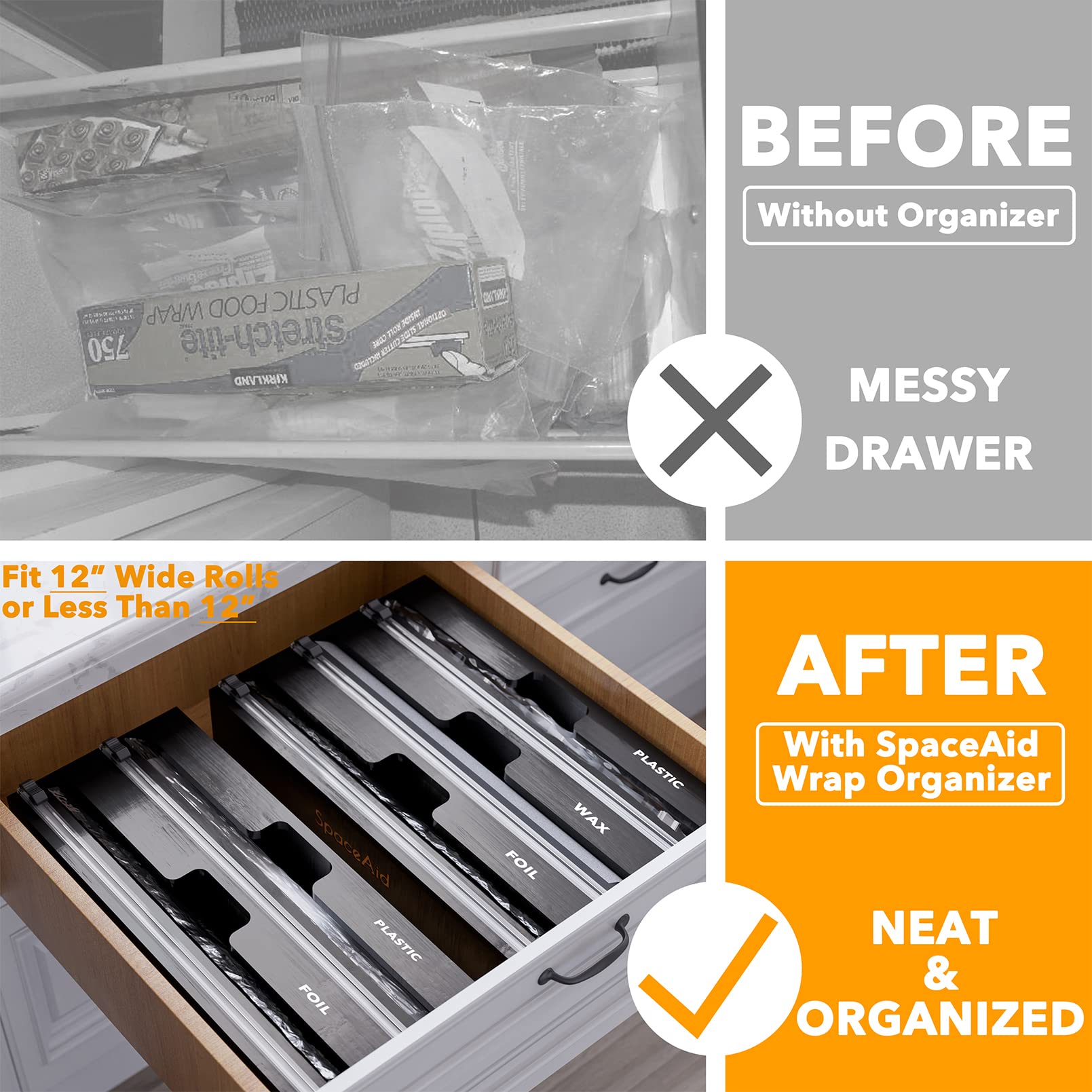 SpaceAid WrapNeat built-in cutter shows clean cuts for plastic wrap.