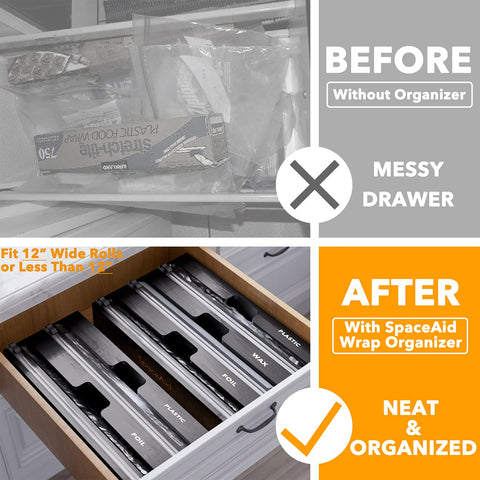 SpaceAid WrapNeat built-in cutter shows clean cuts for plastic wrap.