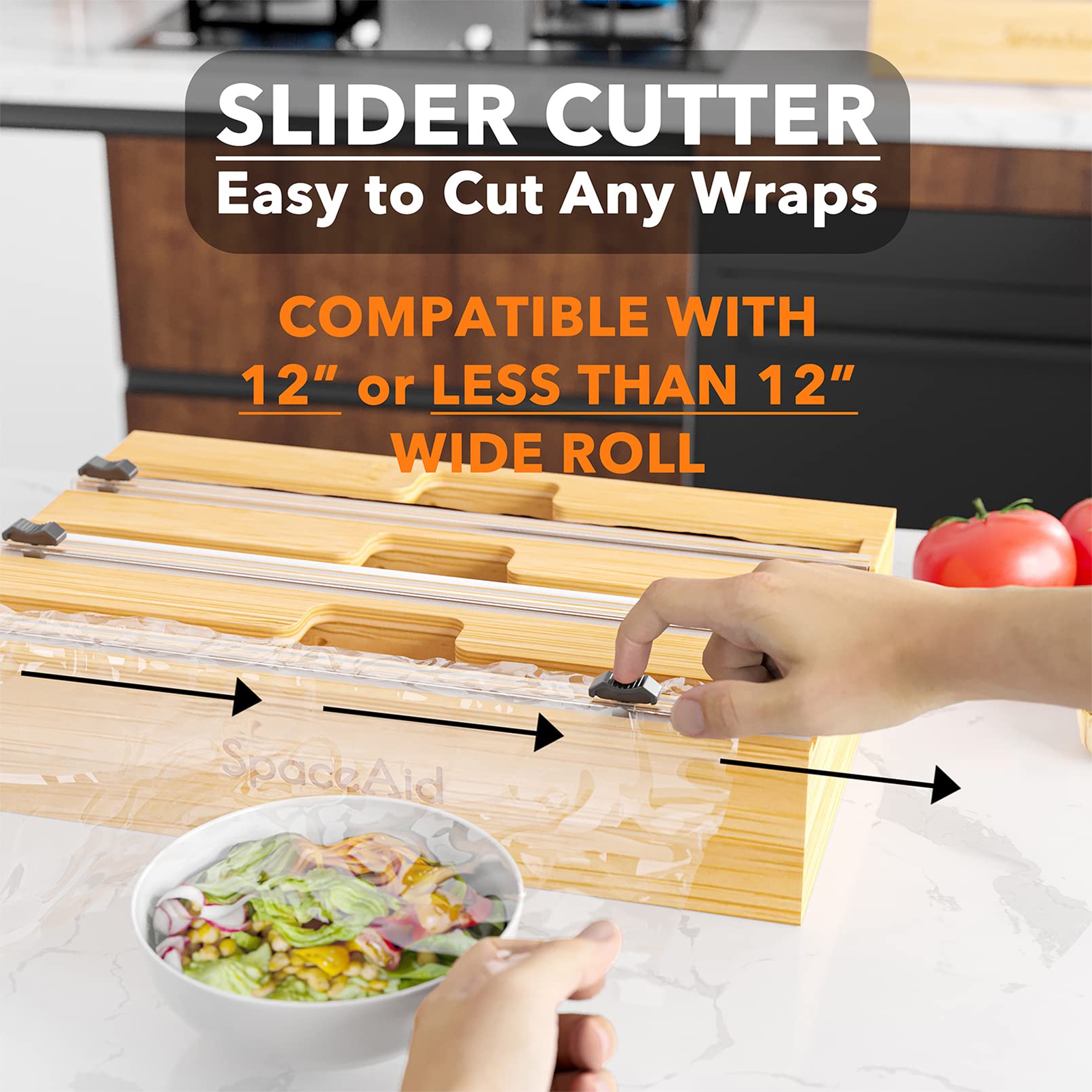 SpaceAid WrapNeat foil slot fits standard 12-inch aluminum foil rolls.