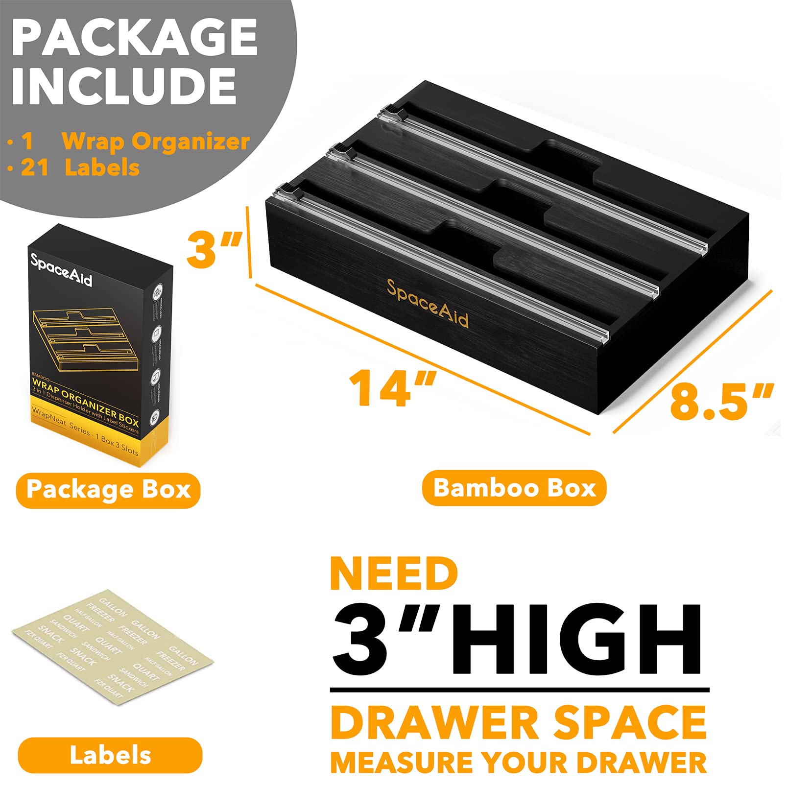 SpaceAid WrapNeat labels help identify foil, wax, and plastic wraps.