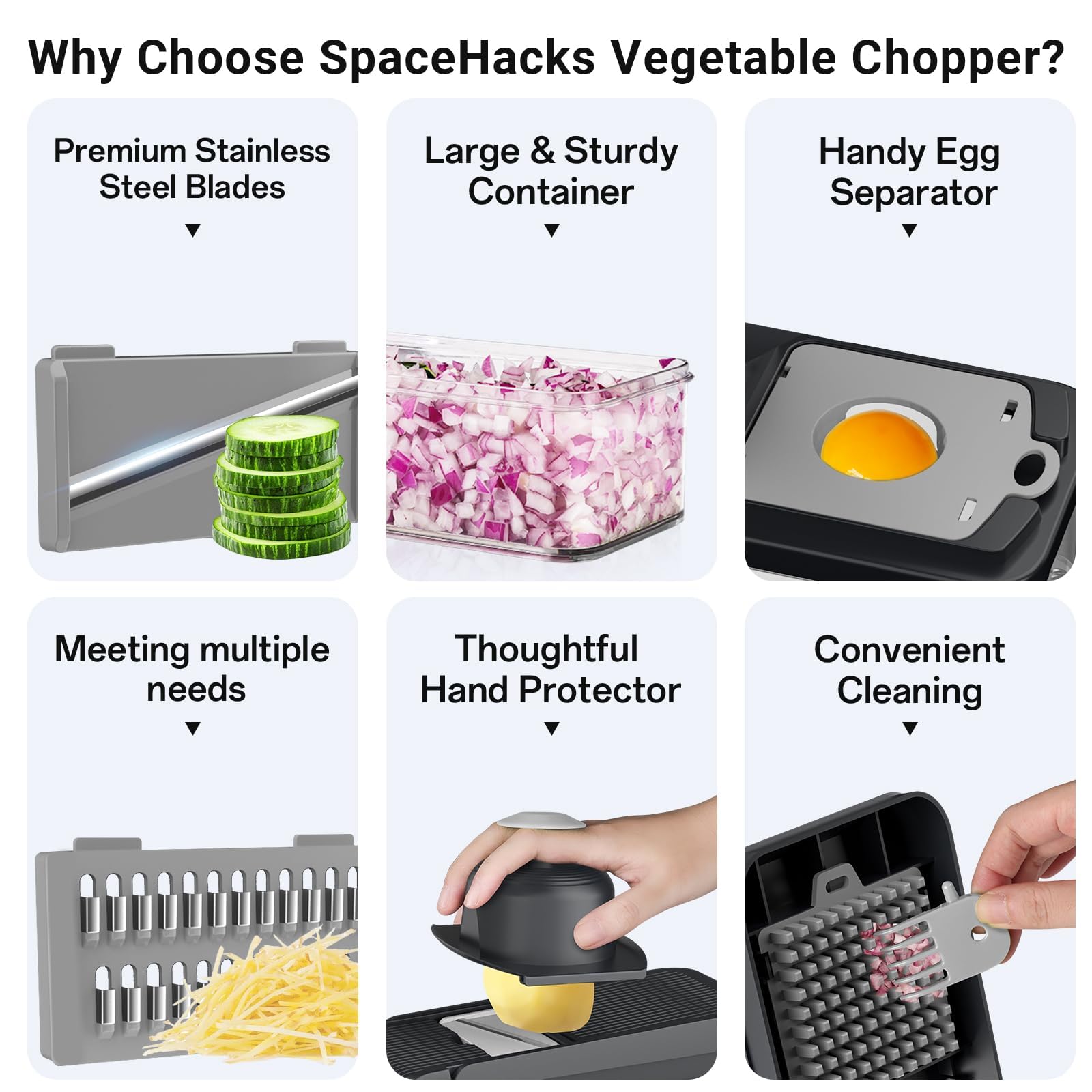 SpaceHacks 12-in-1 chopper diced blade in use for onions.