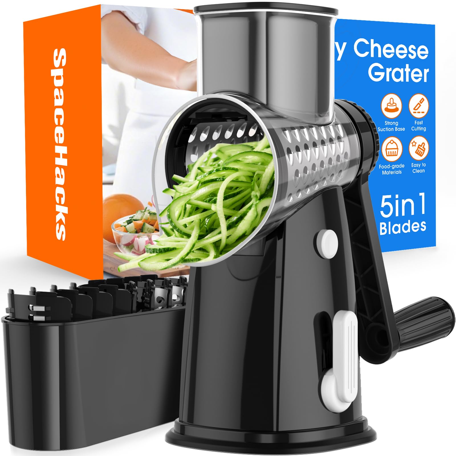SpaceHacks rotary cheese grater handle in use with easy crank operation