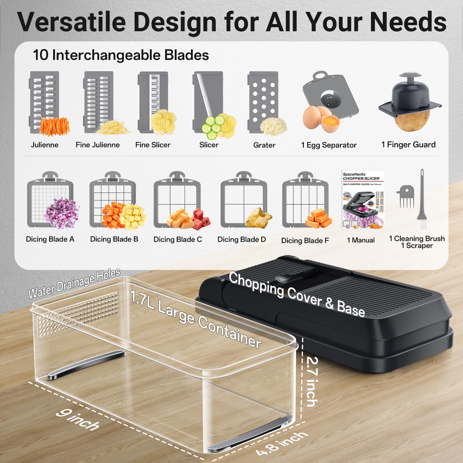 SpaceHacks vegetable chopper drainable container shown for easy draining after prep.