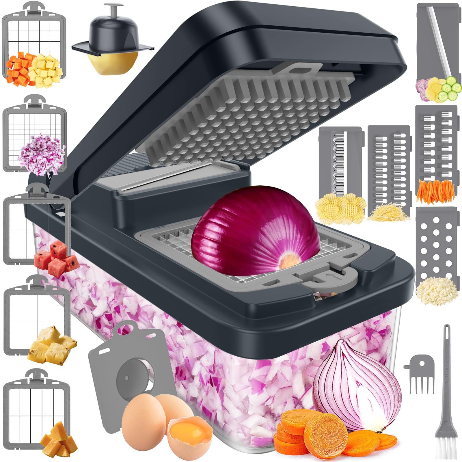 SpaceHacks vegetable chopper with top blades for quick dicing and uniform slices.