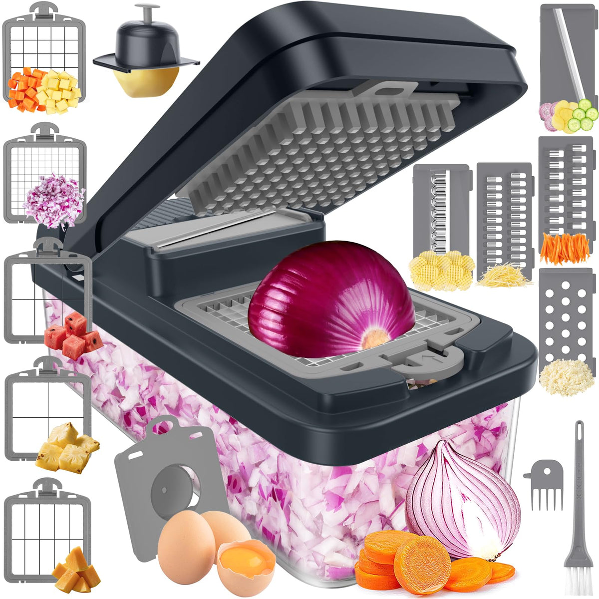 SpaceHacks vegetable chopper with top blades for quick dicing and uniform slices.