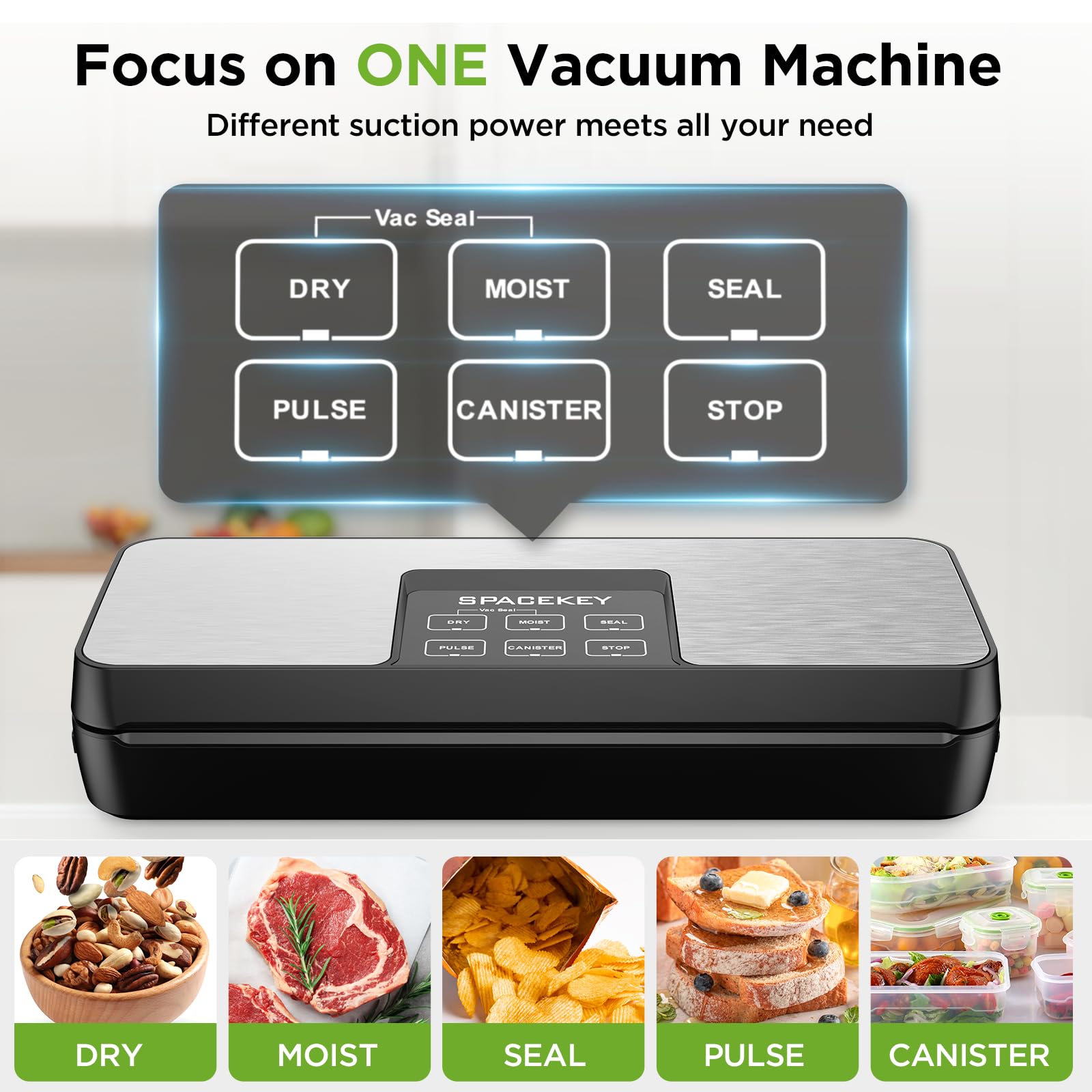 Spacekey vacuum sealer top panel view, easy operation