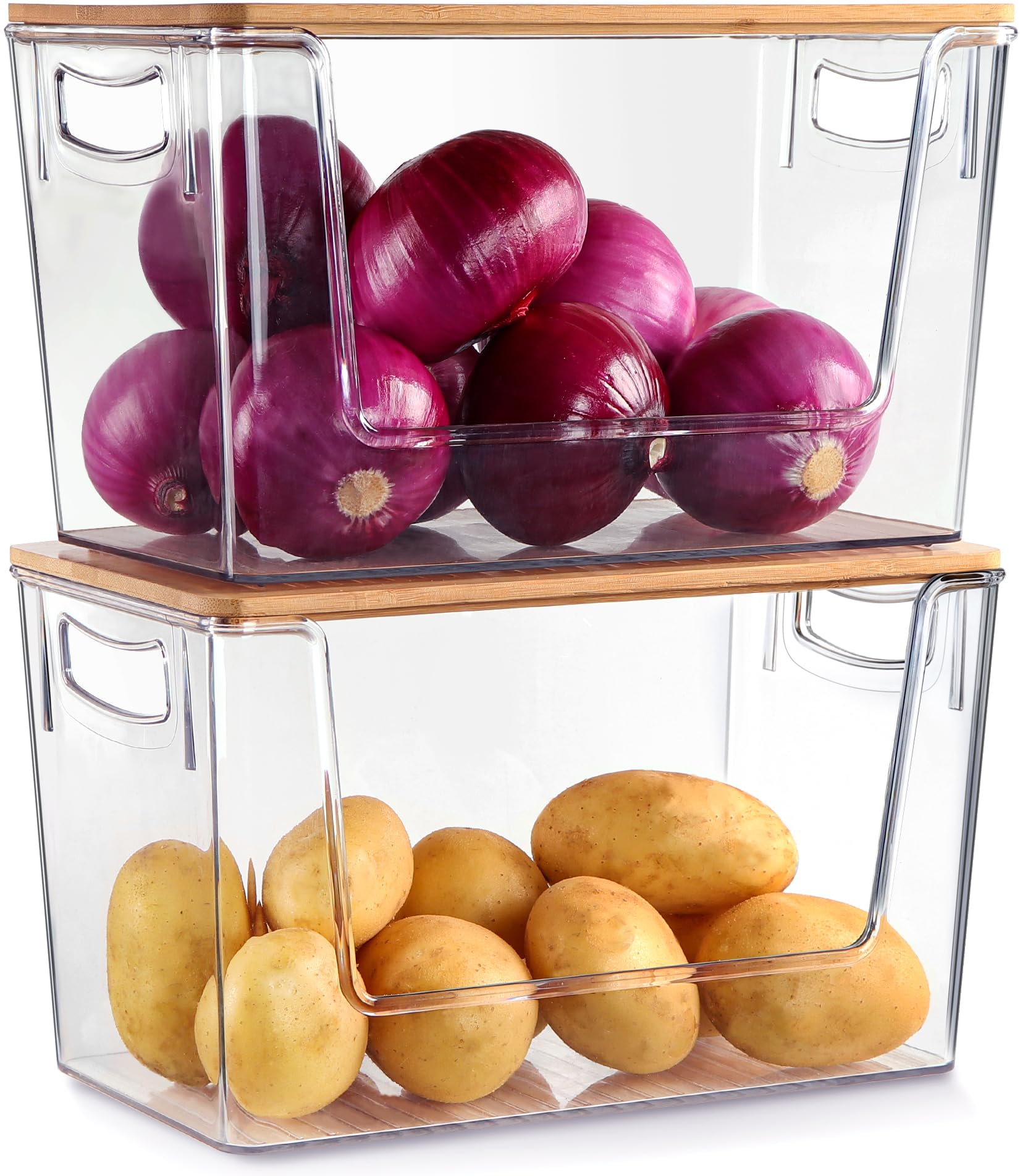 Spacemart 2-pack pantry organizers with front-opening bamboo lid for easy access to produce