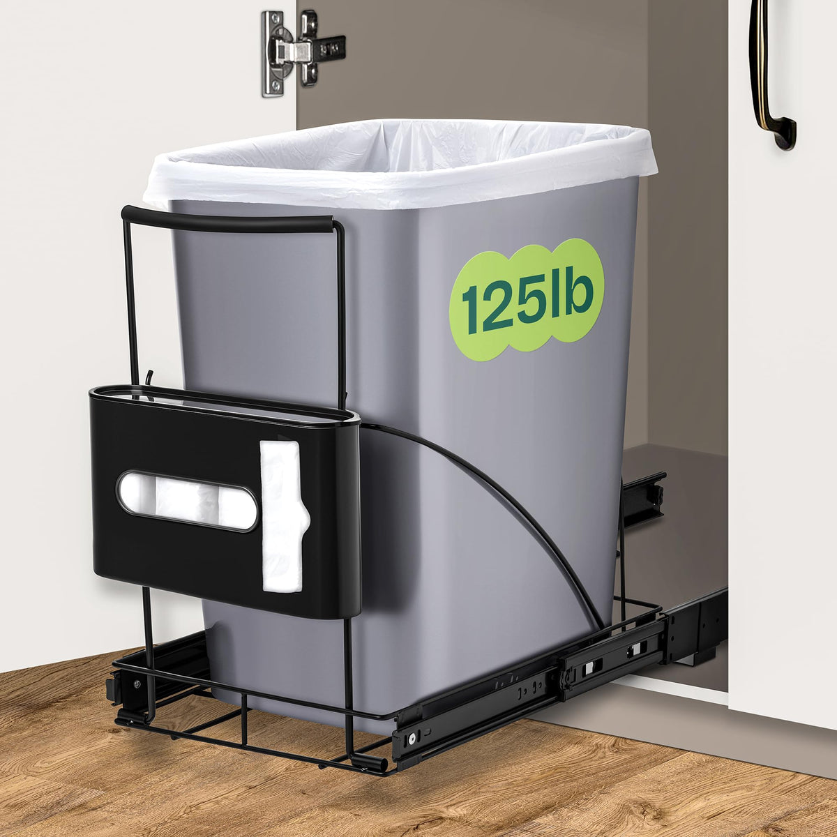 Spaces Tools pull-out under-sink trash can front view highlights space-saving organization.