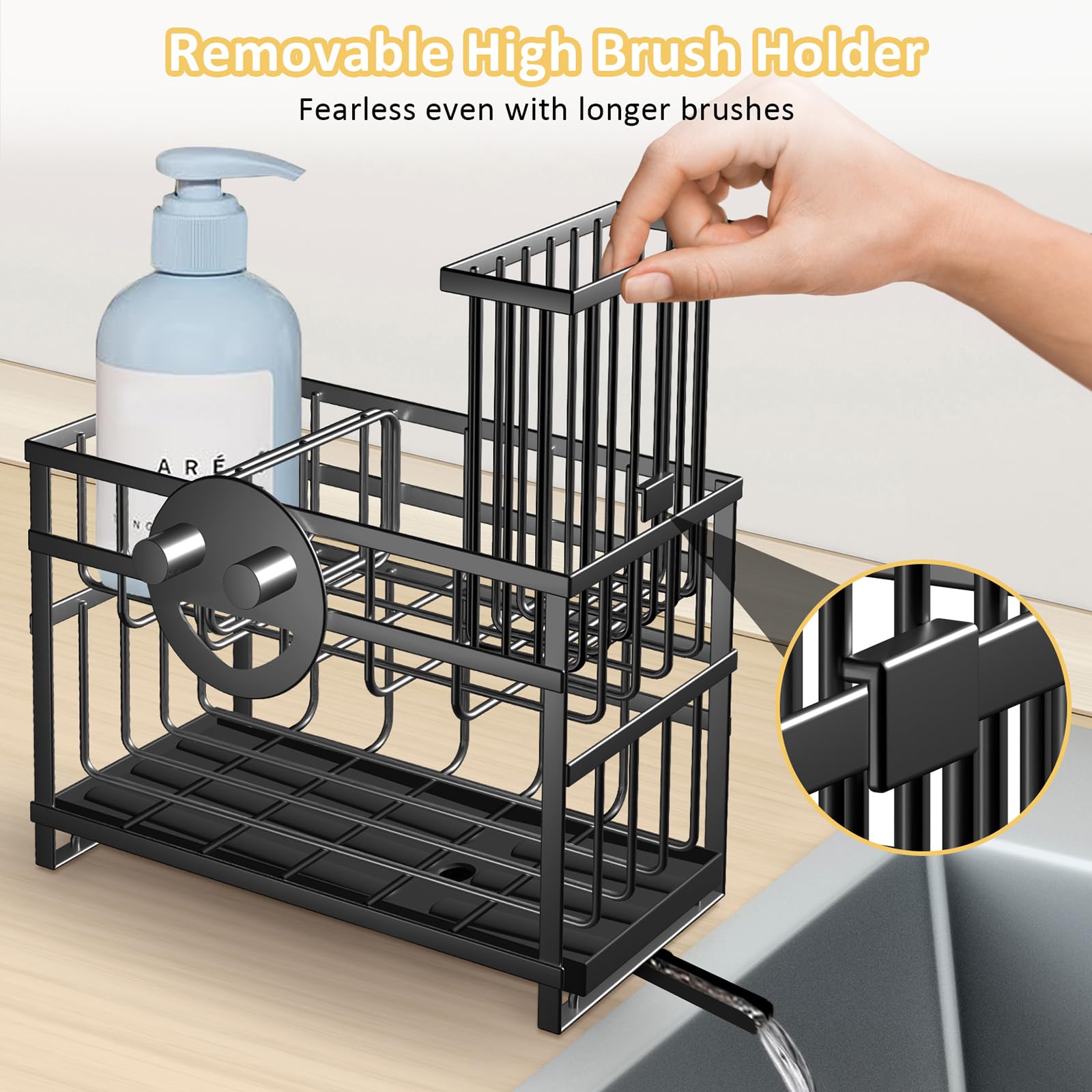 Spaclear brush and soap tray keeps detergents organized within easy reach.
