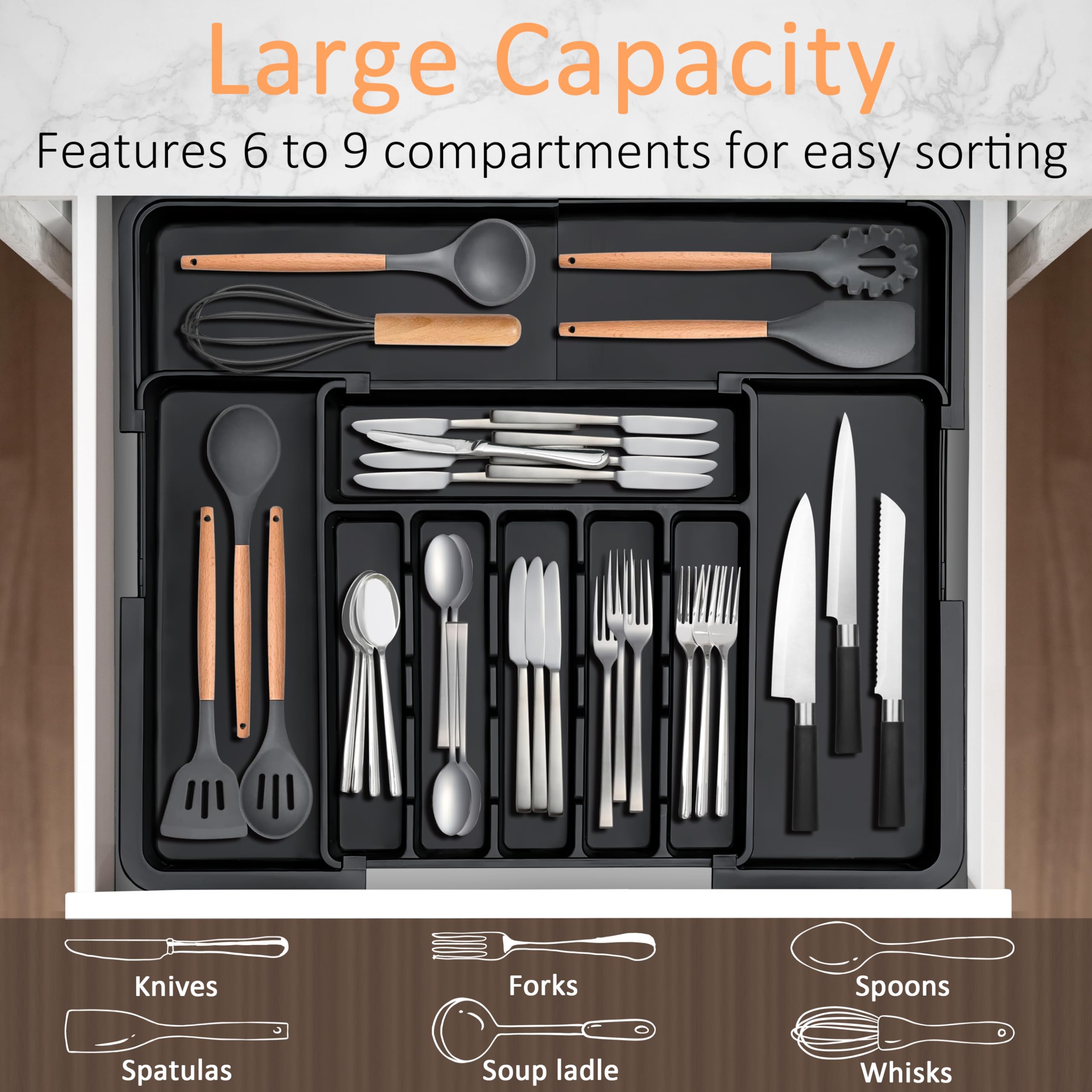 Spaclear 9-slot organizer keeps forks, knives, and spoons neatly separated.