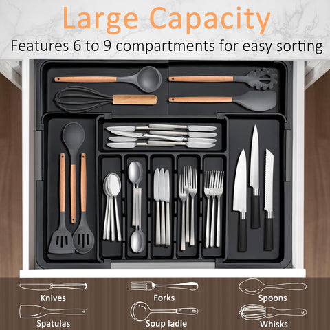 Spaclear 9-slot organizer keeps forks, knives, and spoons neatly separated.