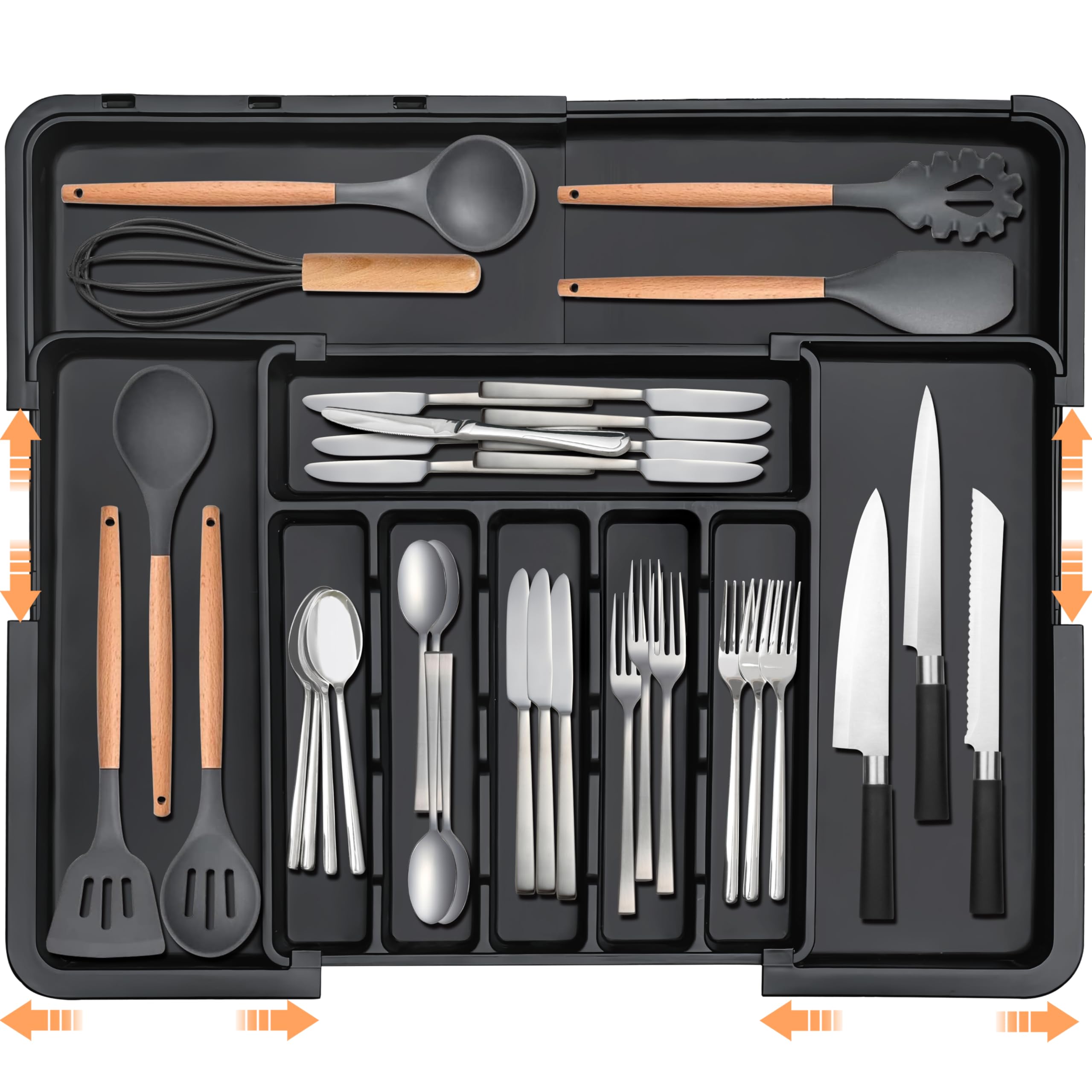 Spaclear silverware organizer fully expanded for maximum storage in deep kitchen drawers.