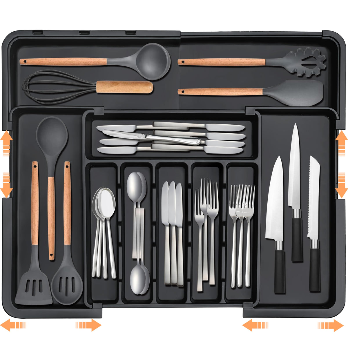 Spaclear silverware organizer fully expanded for maximum storage in deep kitchen drawers.