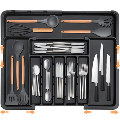 Spaclear silverware organizer fully expanded for maximum storage in deep kitchen drawers.