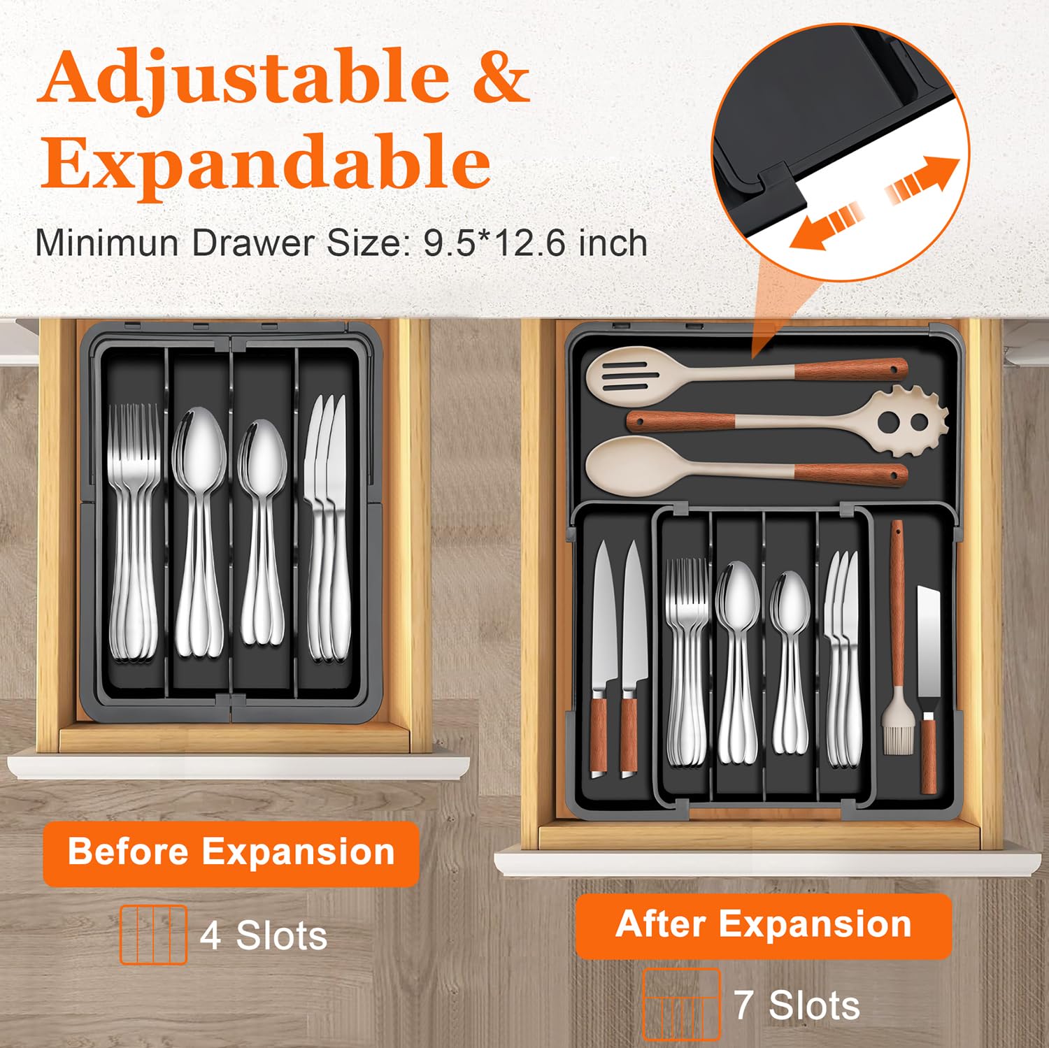 Spaclear right adjustable compartment provides flexible space for knives.