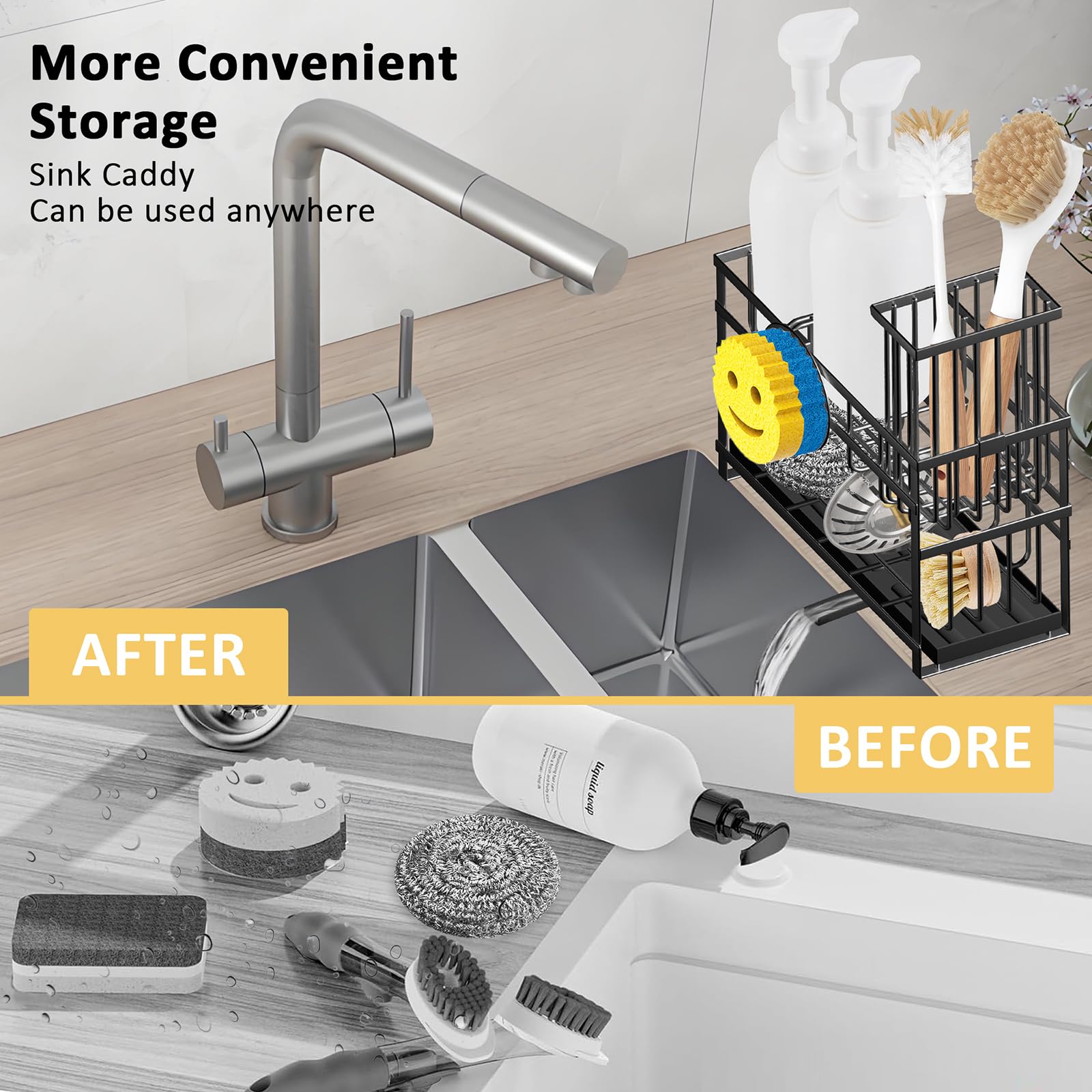 Spaclear stainless steel sink caddy is rustproof for lasting organization.