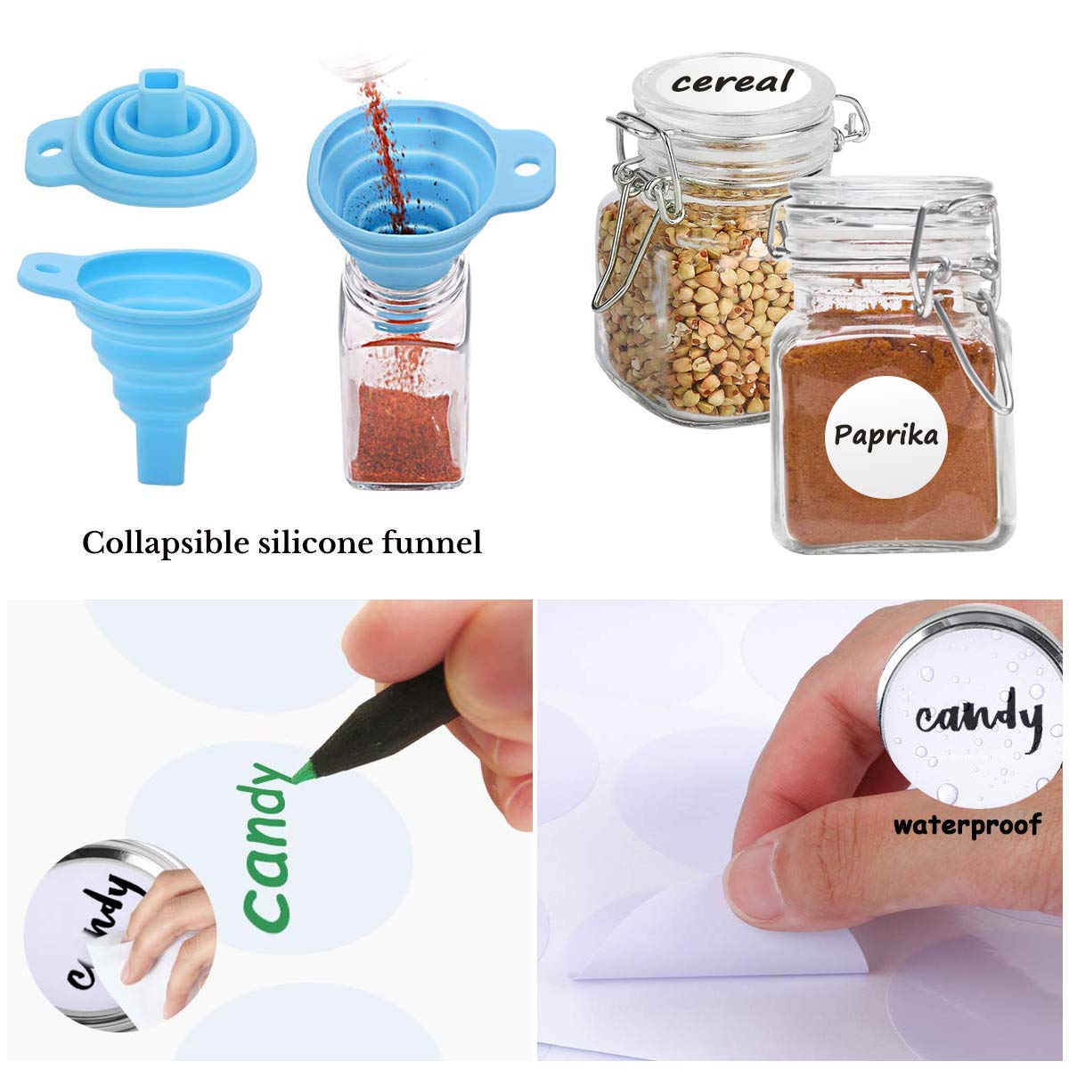 SPANLA Labels and silicone funnels featured for effortless organization.